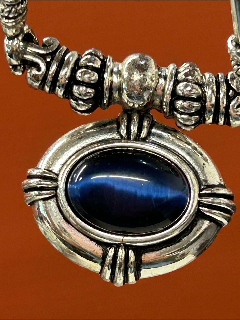 Vintage Avon Sterling-Style Silver Pendant Necklace with Blue Cat's Eye Stone